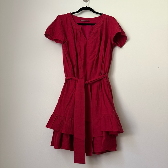 Comptoir Des Cotonniers Dresses & Skirts - Comptoir Des Cotonniers Red Pleated Ruffle Embroidered Dress with Belt, size L